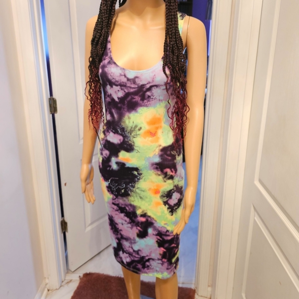 Tie-Dye Bodycon Tank Dress - Purple, Black, Neon